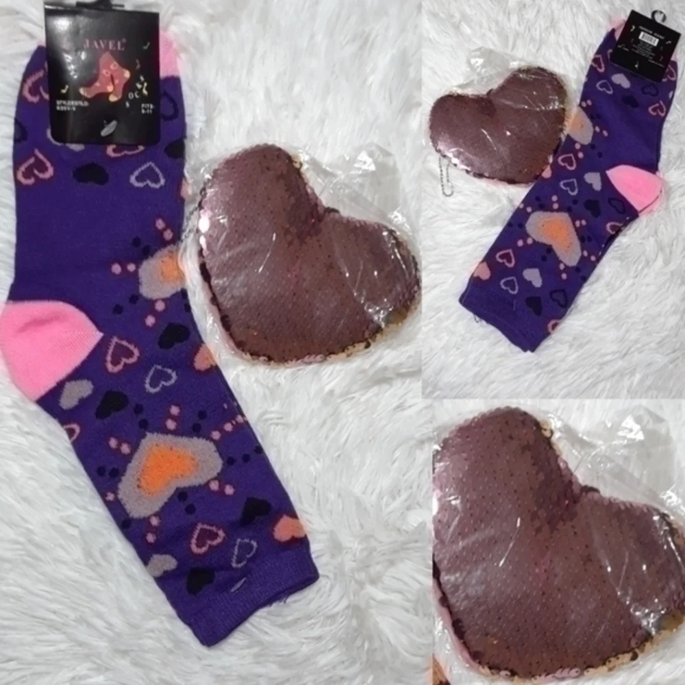 ☄Lovley Socks & Sequin Heart Coin Pouch Set